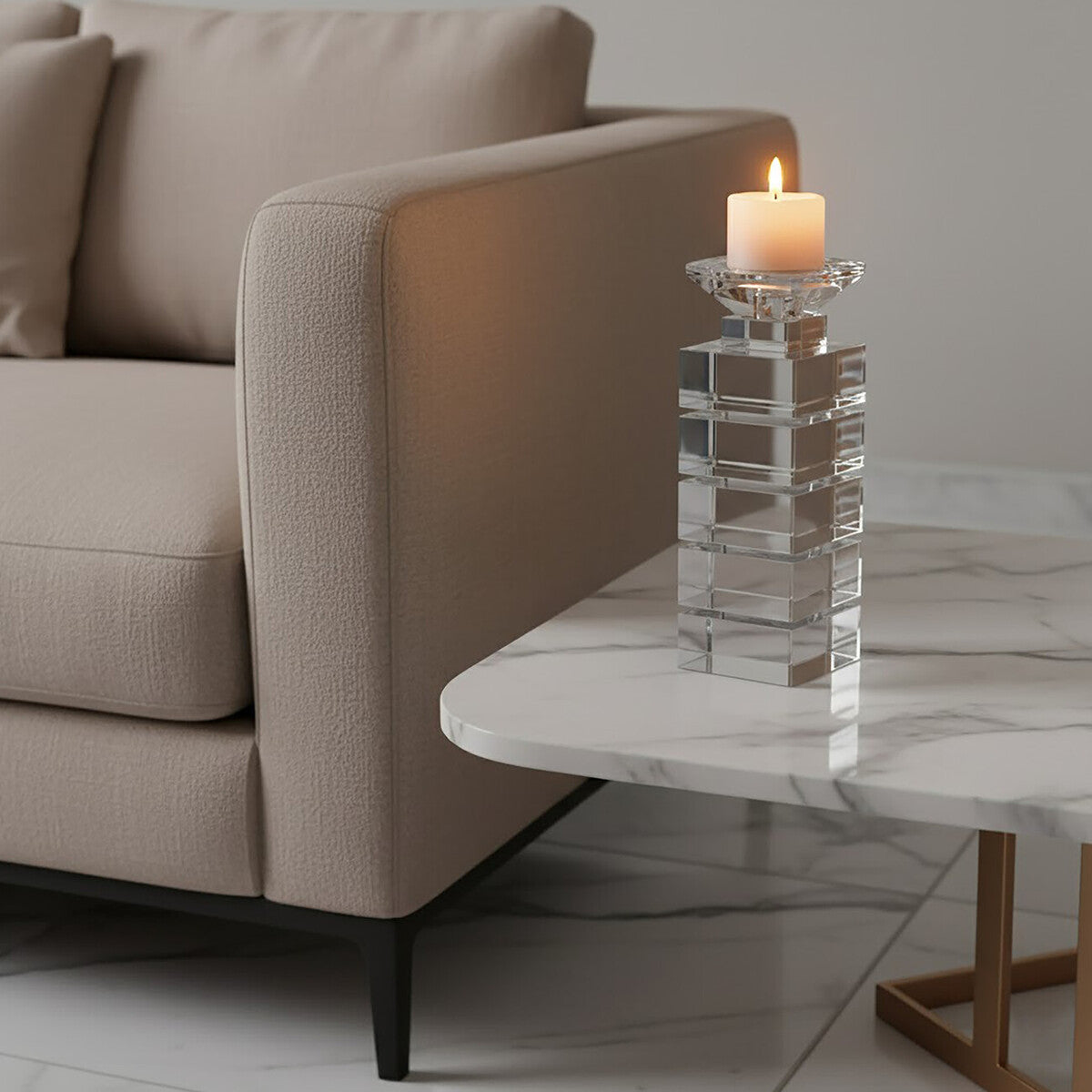 Carrie clear finish small candle holder with stacked rectangular facets and tiered base perfect for small candles