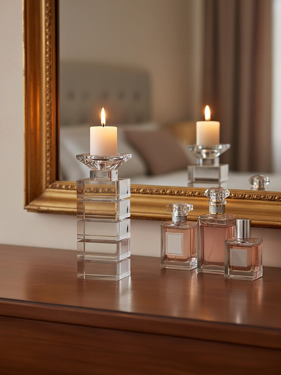 Carrie clear finish small candle holder with stacked square tiers and matching glass base for small candle use