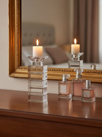 Carrie clear finish small candle holder with stacked square tiers and matching glass base for small candle use