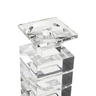 Carrie clear finish small candle holder made of clear crystal with a square base and tiered geometric design small candle holder