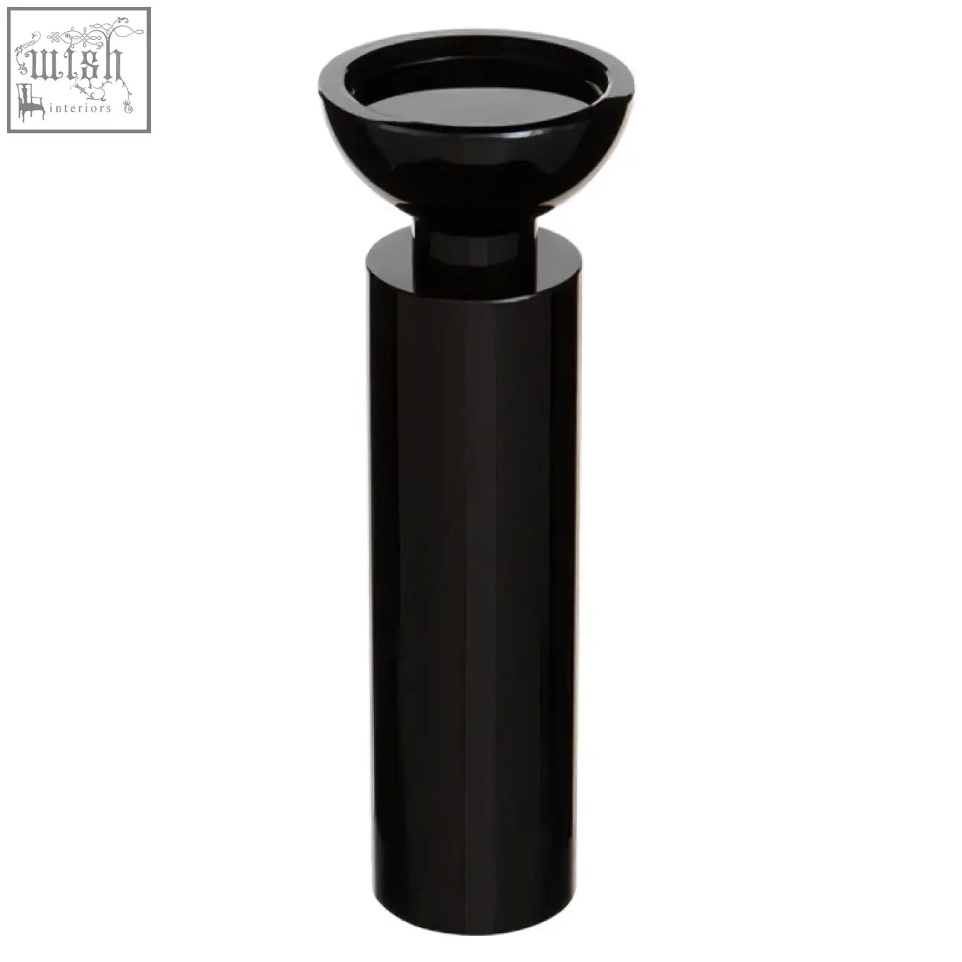 Large black crystal candle holder featuring a glossy black cylindrical ashtray with a rounded bowl top