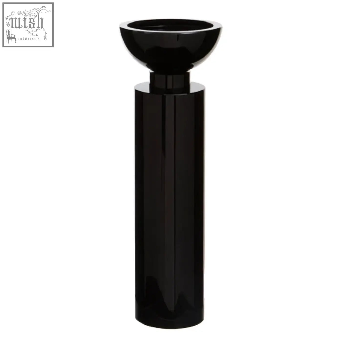 Large black crystal candle holder with a glossy cylindrical base and rounded bowl top perfect for candles