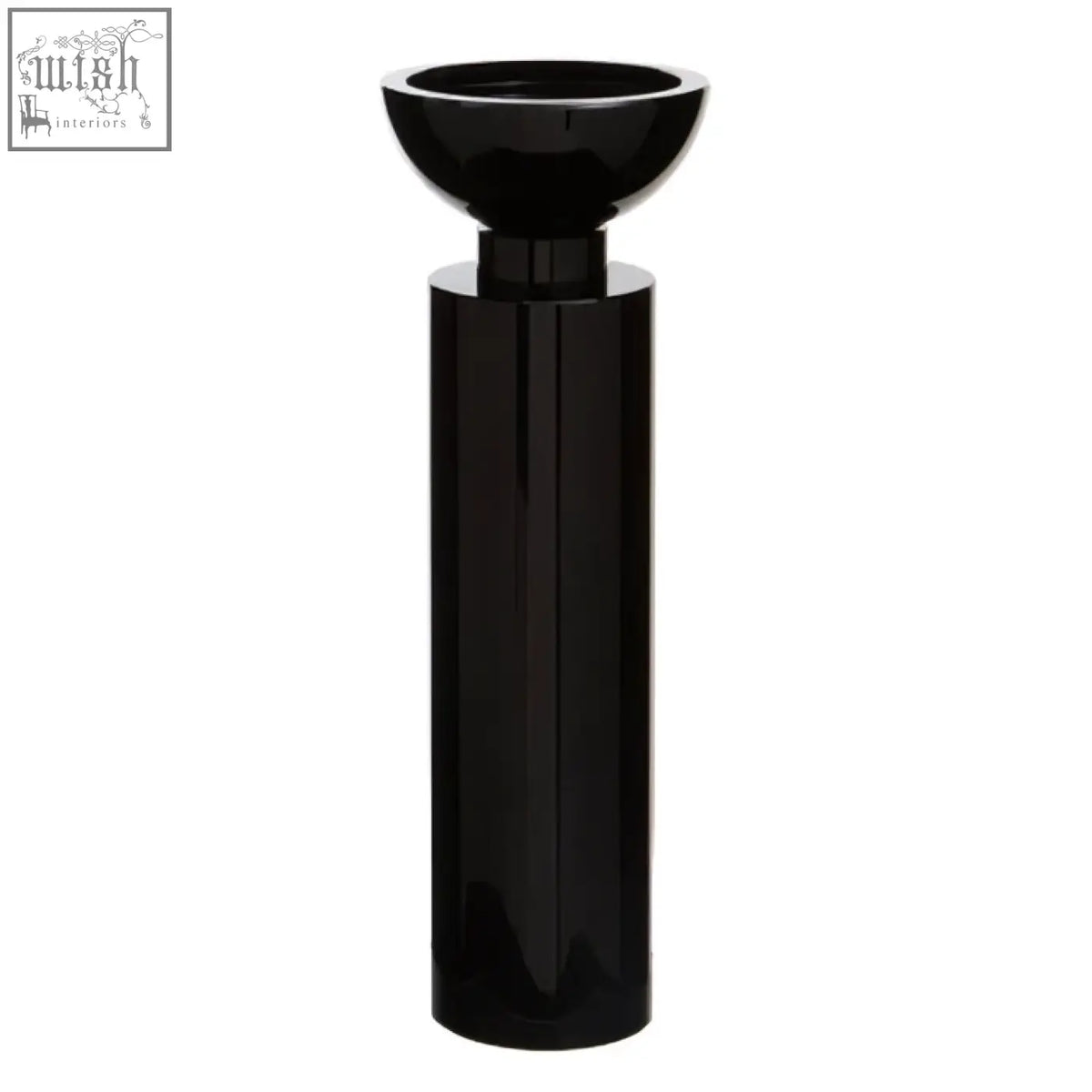 Large black crystal candle holder with a glossy cylindrical base and rounded bowl top perfect for candles