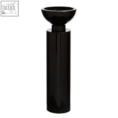 Large black crystal candle holder with a glossy cylindrical base and rounded bowl top perfect for candles