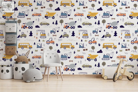 Colorful cars and trucks nursery wallpaper with playful buses and dump trucks on white background made from traditional paper