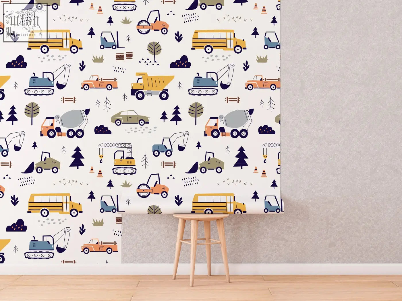 Cars and trucks nursery wallpaper with playful yellow and blue construction vehicles on white traditional paper for living space