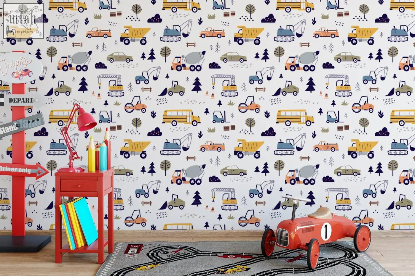 Red vintage-style toy race car with number 1 on black wheels featured on traditional paper peel and stick contact clickwalls for boys living space