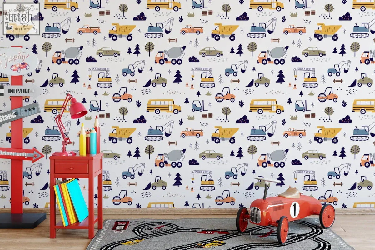 Red vintage-style toy race car with number 1 on black wheels featured on traditional paper peel and stick contact clickwalls for boys living space