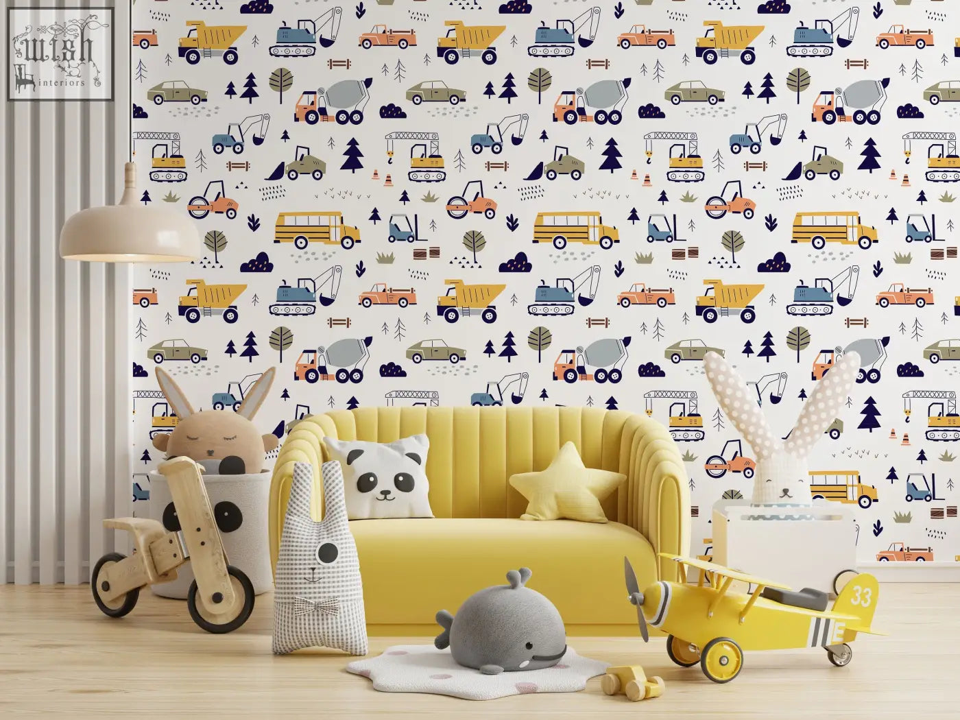 Yellow tufted sofa with plush rabbit and panda pillows in boys nursery featuring cars and trucks peel and stick wallpaper
