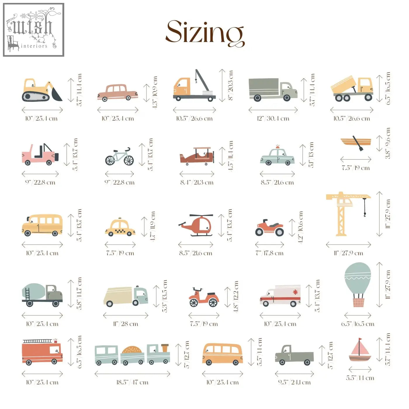 A charming pastel sized chart with trucks wall decals and vehicles in simple line art for kids room decor