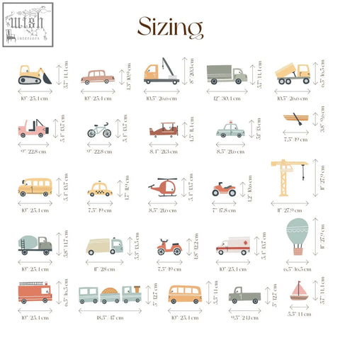 A charming pastel sized chart with trucks wall decals and vehicles in simple line art for kids room decor