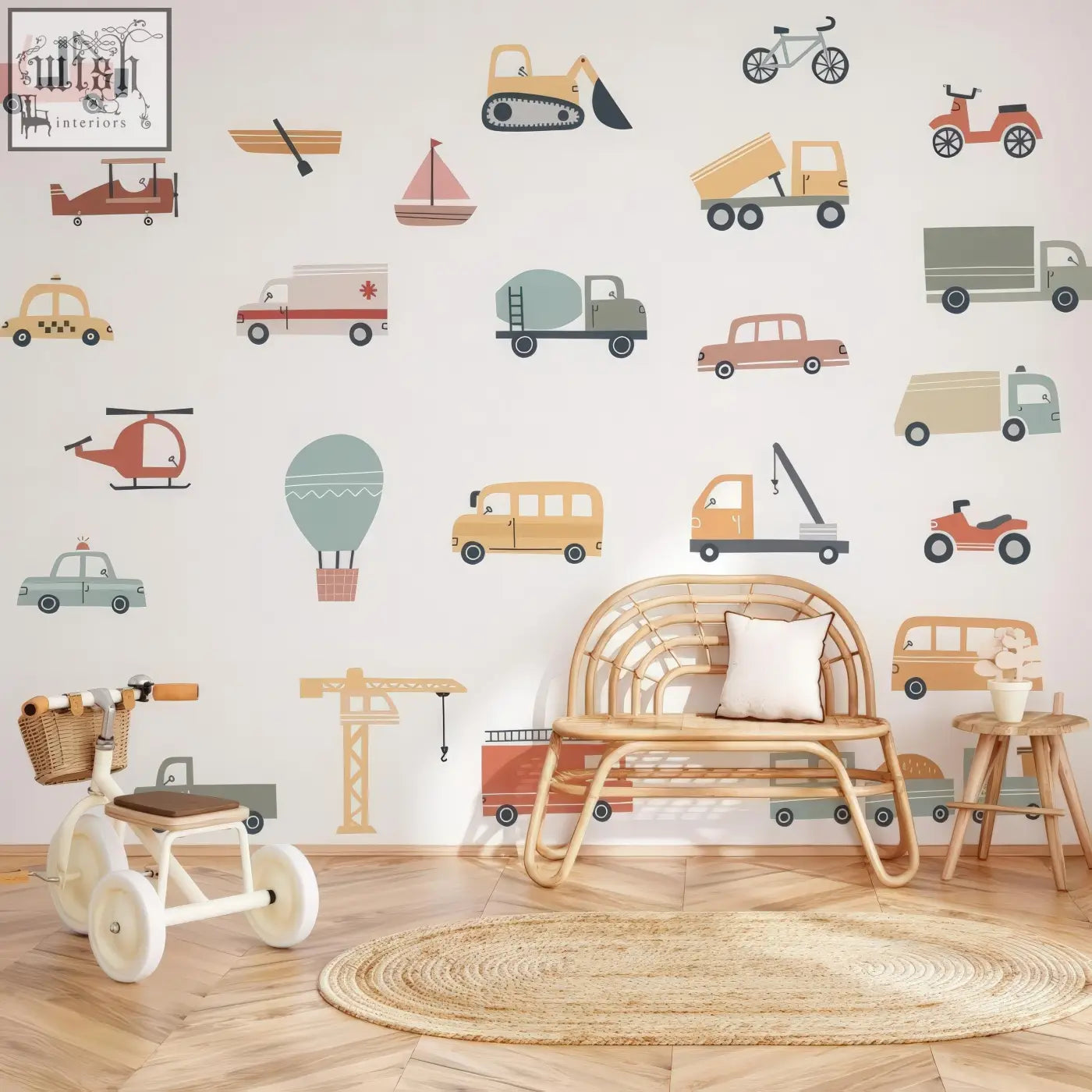 Woven rattan bench with white cushion next to colorful trucks wall decals perfect for kids room nursery decor