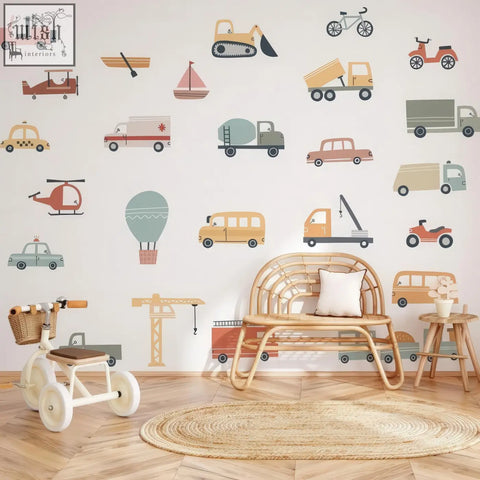 Woven rattan bench with white cushion next to colorful trucks wall decals perfect for kids room nursery decor