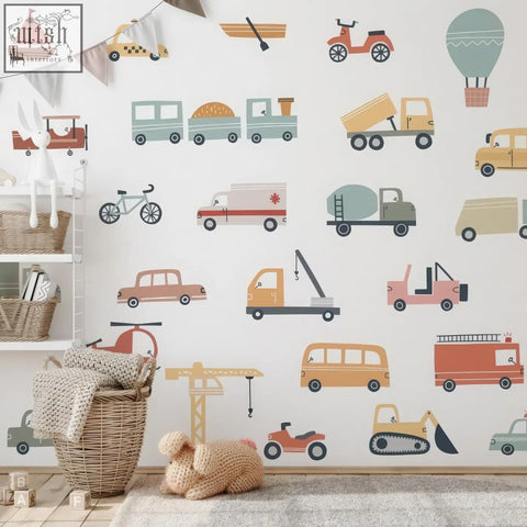 Colorful pastel trucks wall decals with playful car and truck patterns perfect for kids room nursery decor