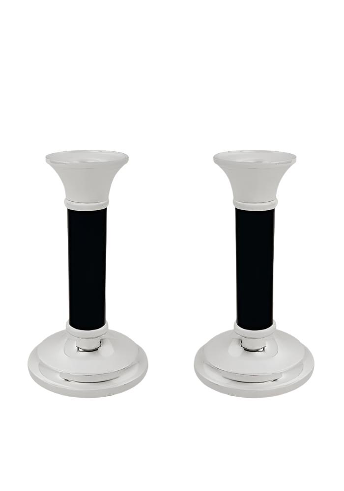 Pair of sleek black and white ceramic candlesticks with polished chrome bases from carsons classic candle holders