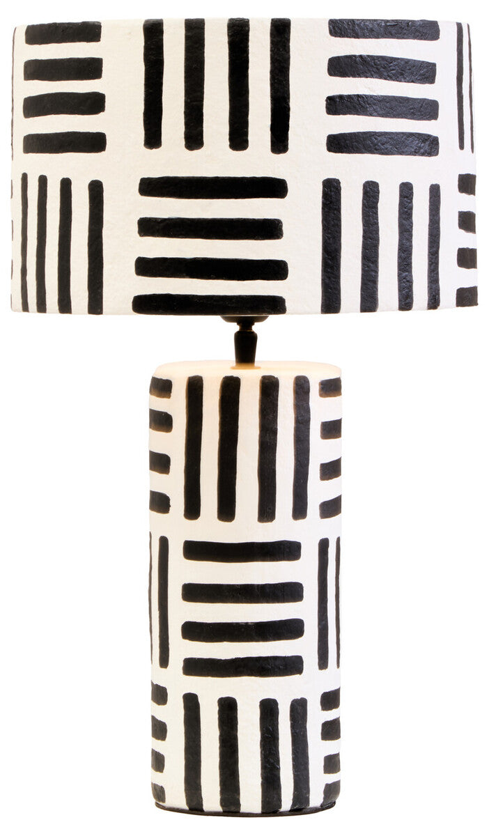 Carta black and white papier mache table lamp with geometric lines and matching cylindrical shade for décor
