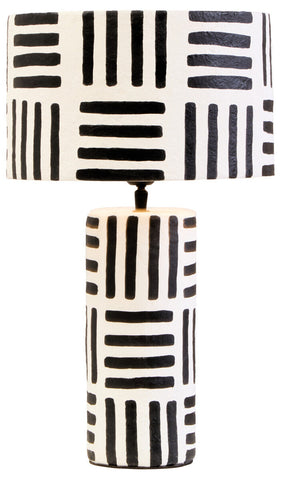 Carta black and white papier mache table lamp with geometric lines and matching cylindrical shade for décor