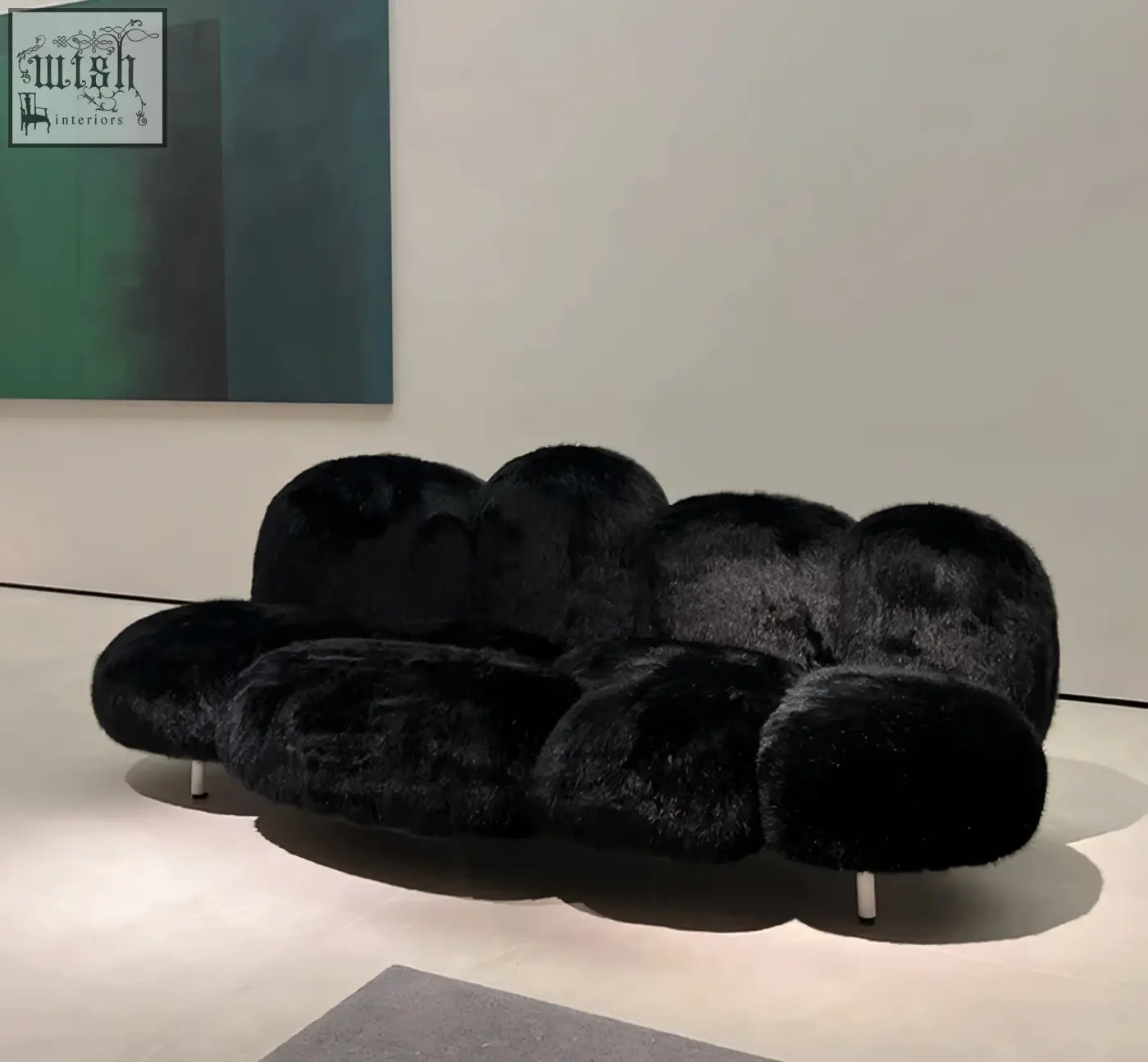 Black plush faux fur carter three seater sofa with cloud-like cushions and slender metal legs offer financing available