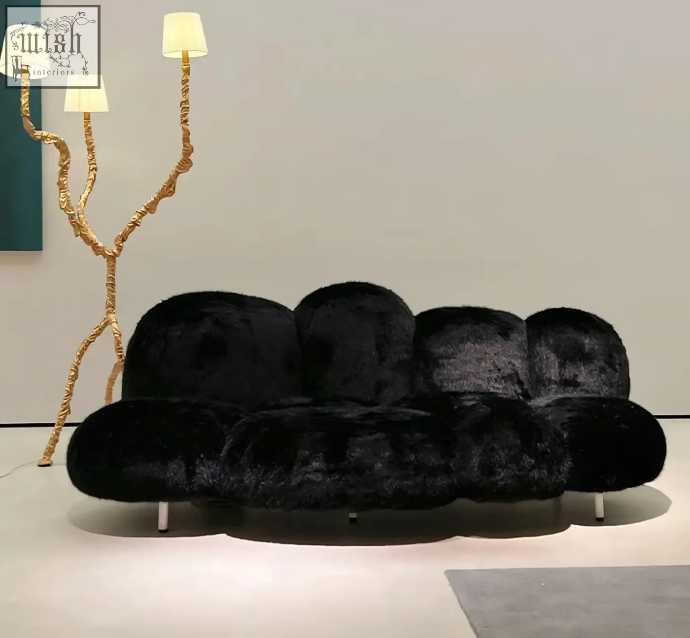 Black plush fur carter three seater sofa with fluffy cloud design and slender white legs offer financing available