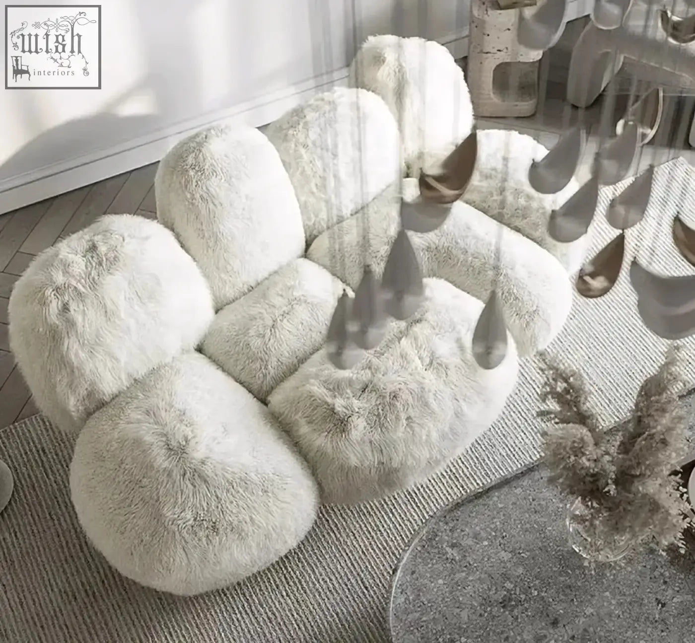 Off-white plush faux fur carter three seater sofa with rounded cloud-like sections offer financing and low shipping cost