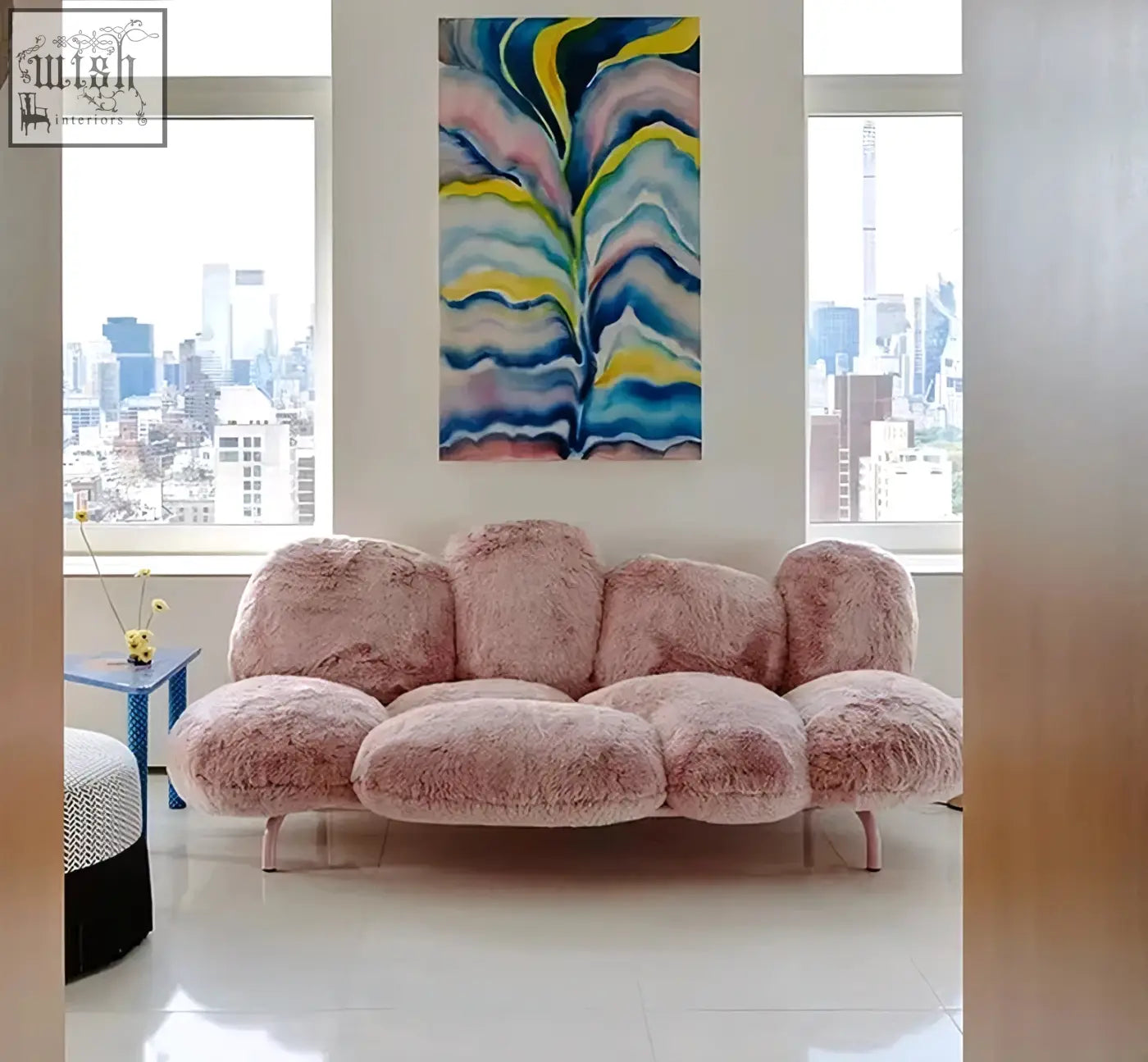 A carter three seater plush pink faux fur sofa with fluffy cloud design and slim metal legs offer financing available