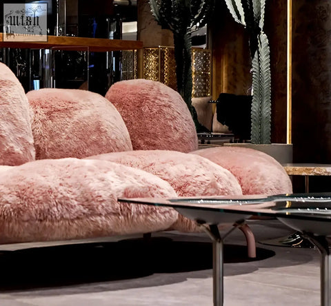 Plush rose pink carter three seater sofa with fluffy cloud faux fur cushions offer financing available shipping cost info