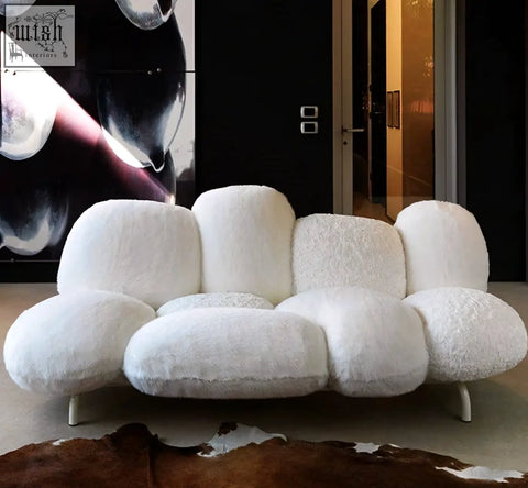 White plush cloud sofa carter three seater with fluffy texture and minimalist metal legs offer financing available