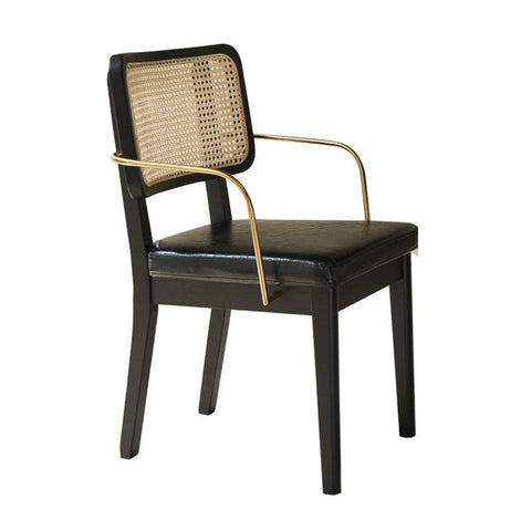 Cassie black dining chair with woven cane back black leather seat and gold tone metal arms and legs