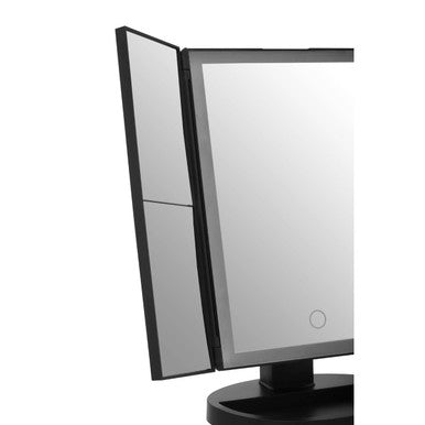 Black framed tri fold black led table mirror with dual-sided vanity design and circular power button on right side
