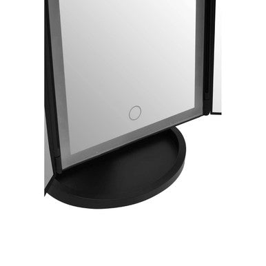 Cassini tri fold black led table mirror with black frame and touch-sensitive button at center of reflective surface