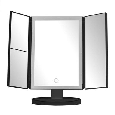 Black tri fold vanity mirror with illuminated center panel and sleek stand base for easy tabletop use