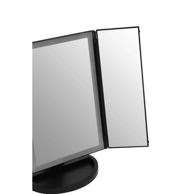 Black tri fold vanity mirror with led lights smooth edges sleek minimalist design for easy table use