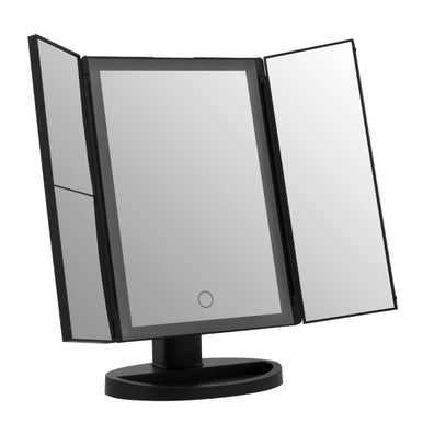 Cassini tri fold black led table mirror with illuminated center panel and sleek modern design for vanity use