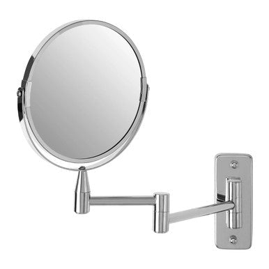 Cassini wall mounted circular magnifying mirror with chrome finish and sleek articulated arm for adjustable positioning