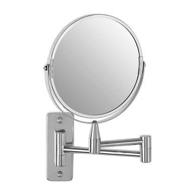Chrome finished cassini wall mounted circular extending mirror with sleek articulated arm for adjustable positioning
