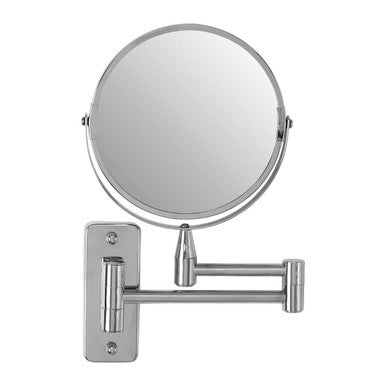 Silver chrome-finished cassini wall mounted extending mirror with circular face and adjustable arm for easy use