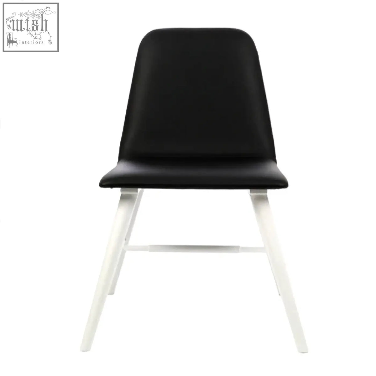 Black leather dining chair with sleek white legs featuring cassy black leather effect for modern dining spaces