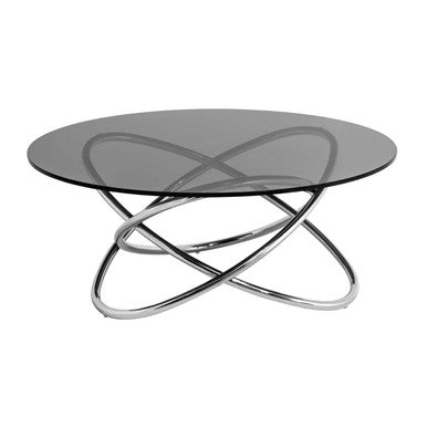 Cassy smoked glass top coffee table with a chrome finish, sleek circular glass top, and elegant intertwined metal base