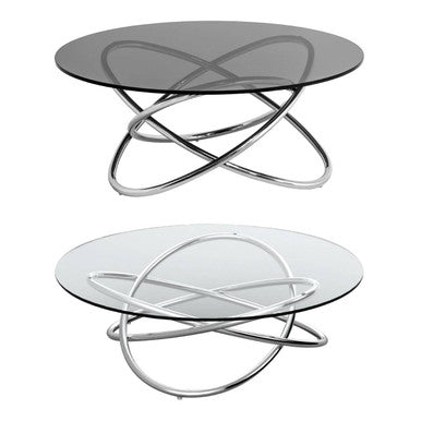Modern chrome finished coffee table with a circular smoked glass top and intricate interlocking metal base