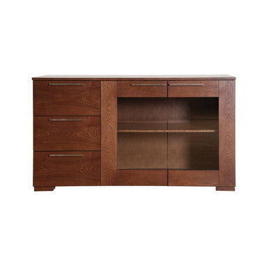 Brown wooden cassy walnut veneer sideboard with three left drawers glass front display cabinet and two right drawers