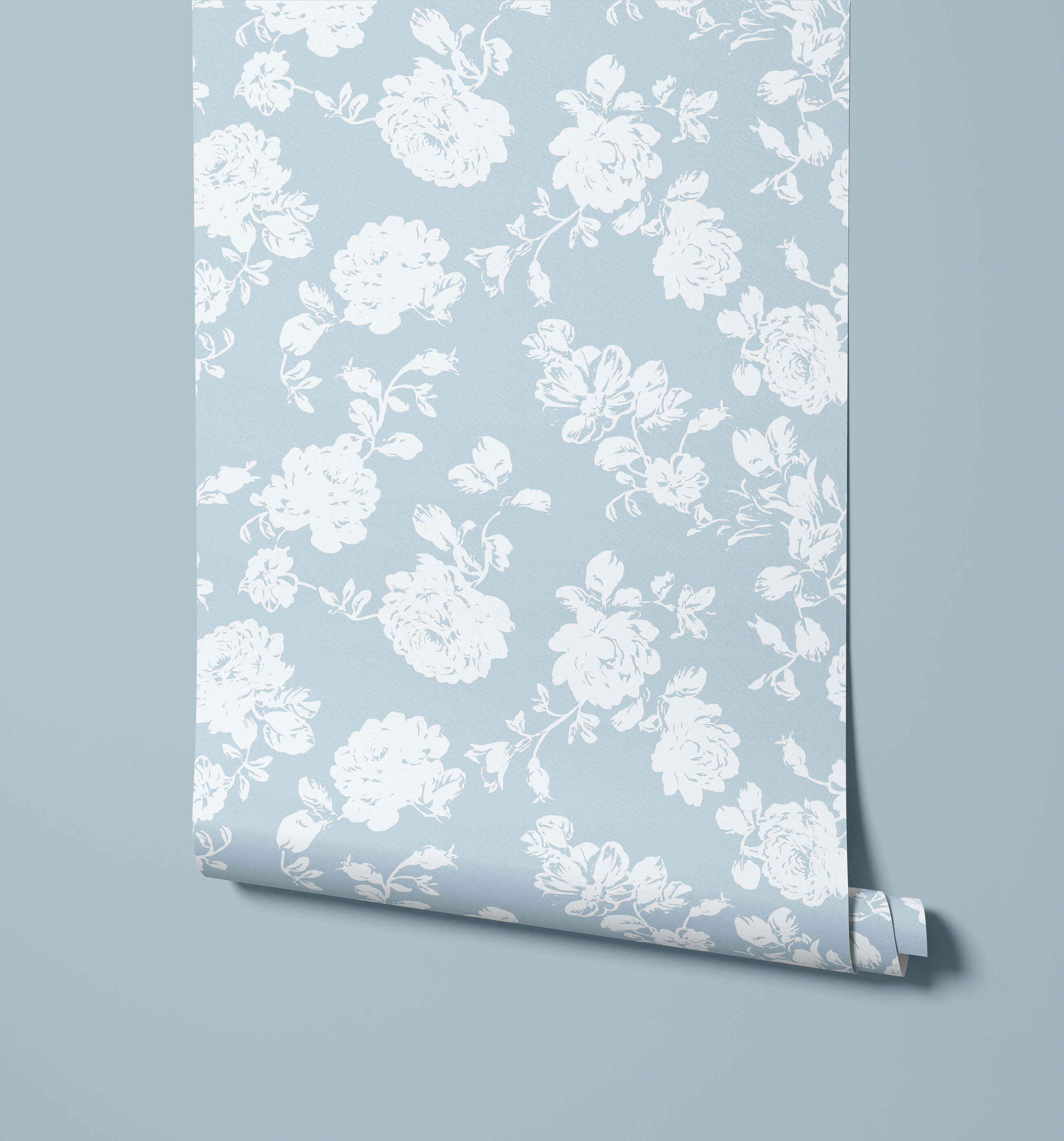 Cast wallpaper with light blue background and white rose floral patterns for elegant room decor
