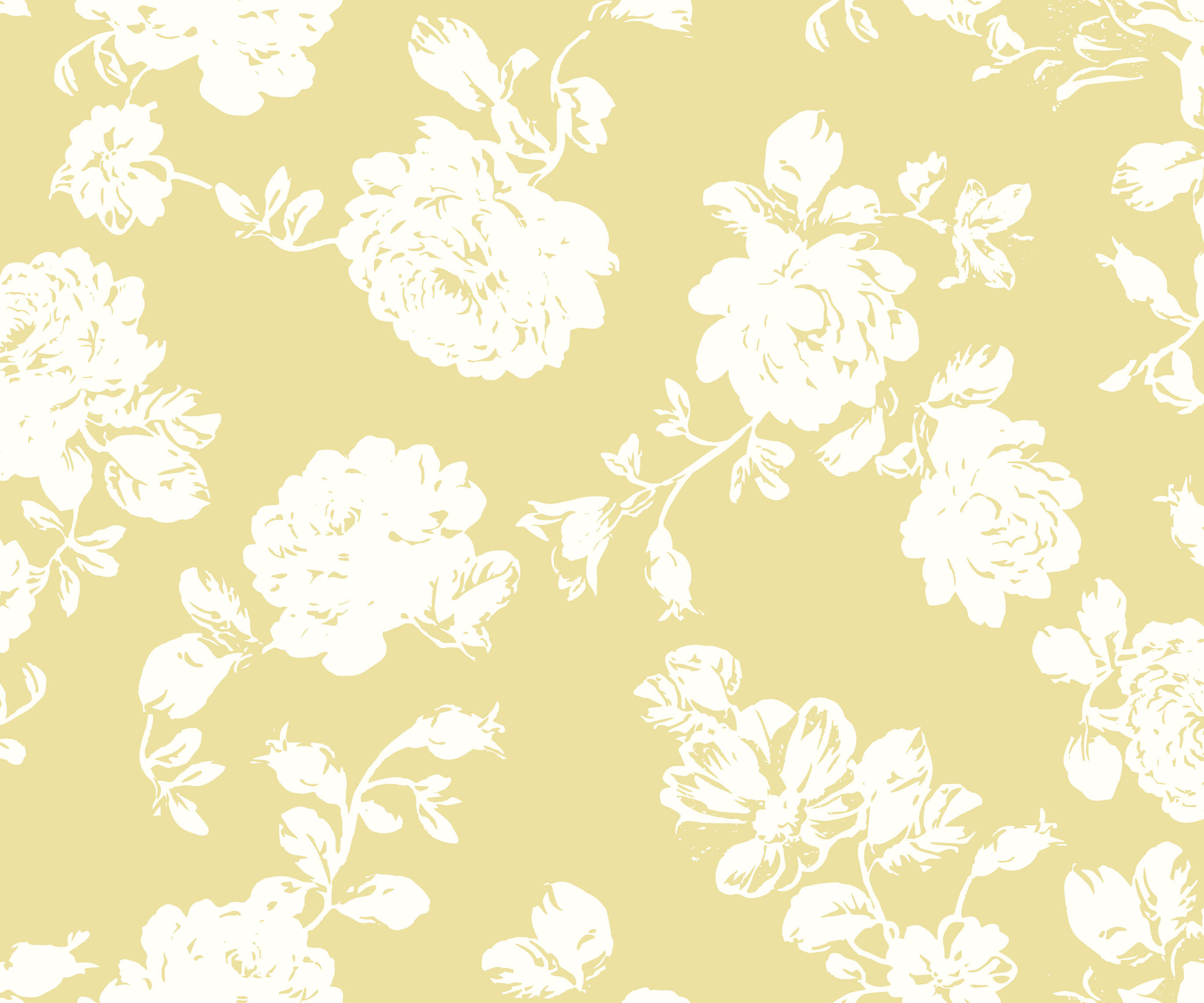 Cream-colored cast wallpaper with a repeating pattern of white floral silhouettes perfect for home decor