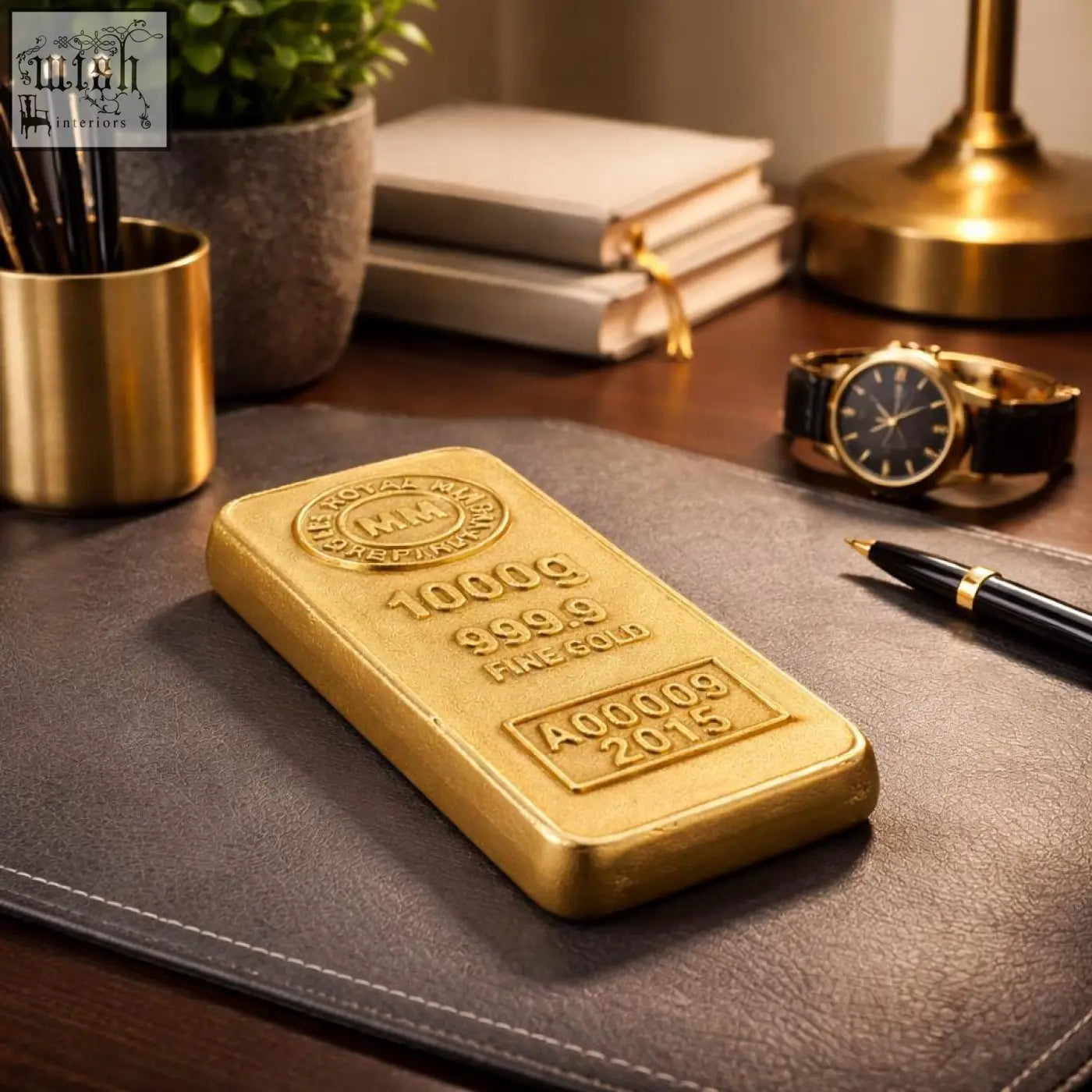 A polished 1000g gold bar cast aluminium paperweight marked with purity and year from the royal mint