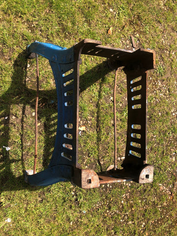 Blue and rusted cast iron table base with slotted design reclaimed original by henry bamford and sons