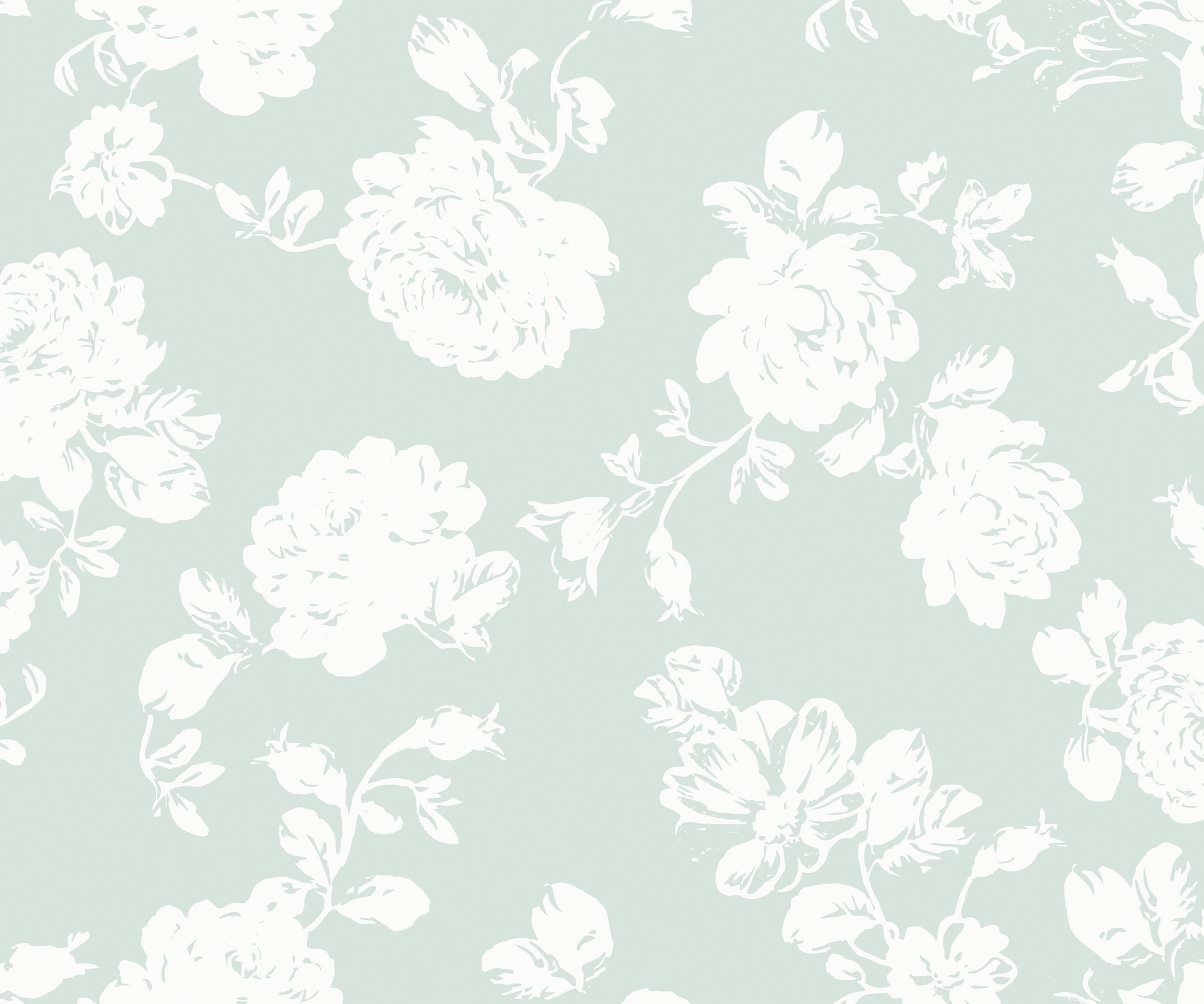 Mint green wallpaper called cast featuring a repeating pattern of white floral silhouettes for stylish walls