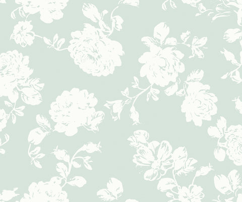 Mint green wallpaper called cast featuring a repeating pattern of white floral silhouettes for stylish walls