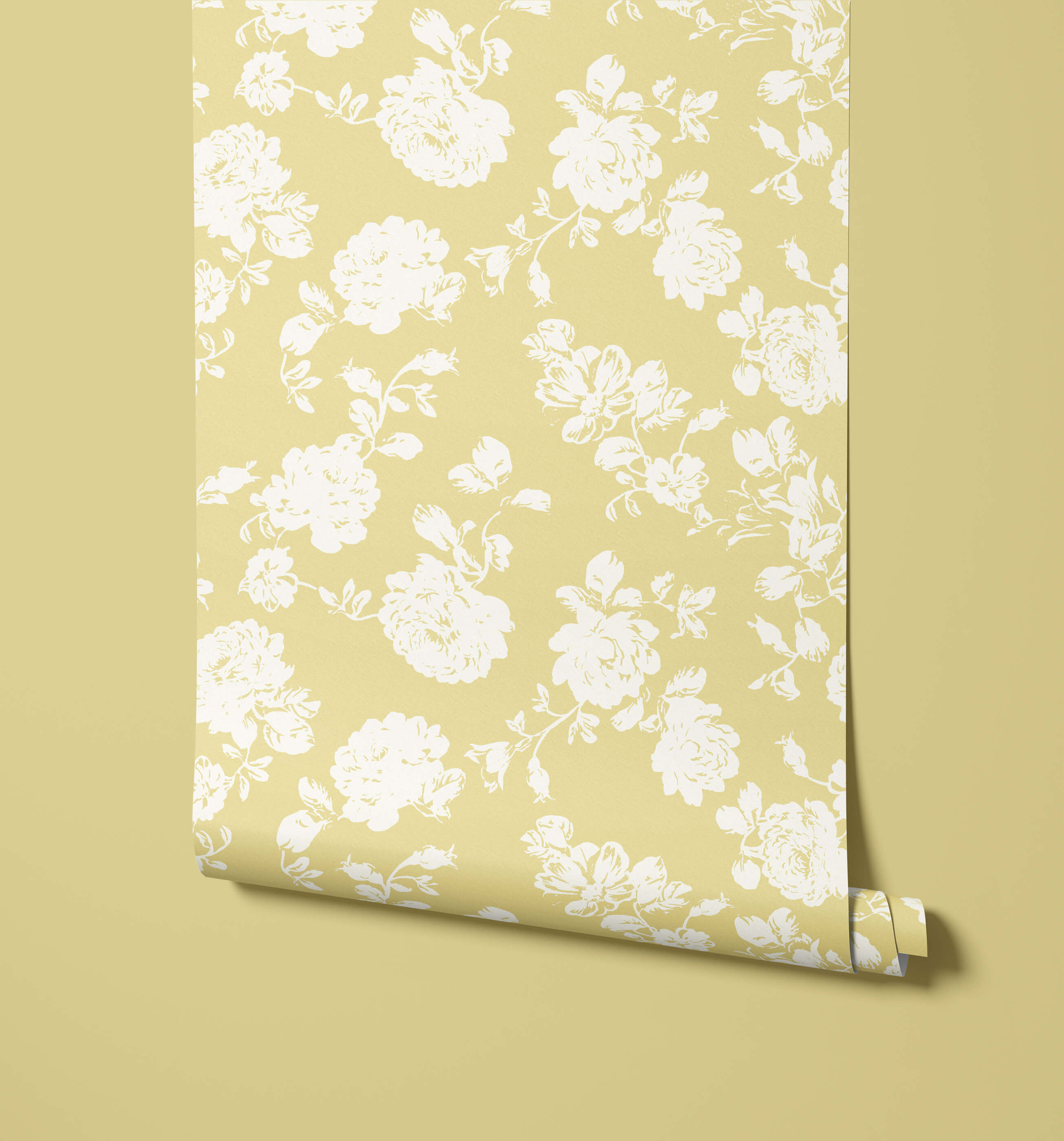 A roll of cast wallpaper in pale yellow with a delicate white floral pattern for stylish wall decor