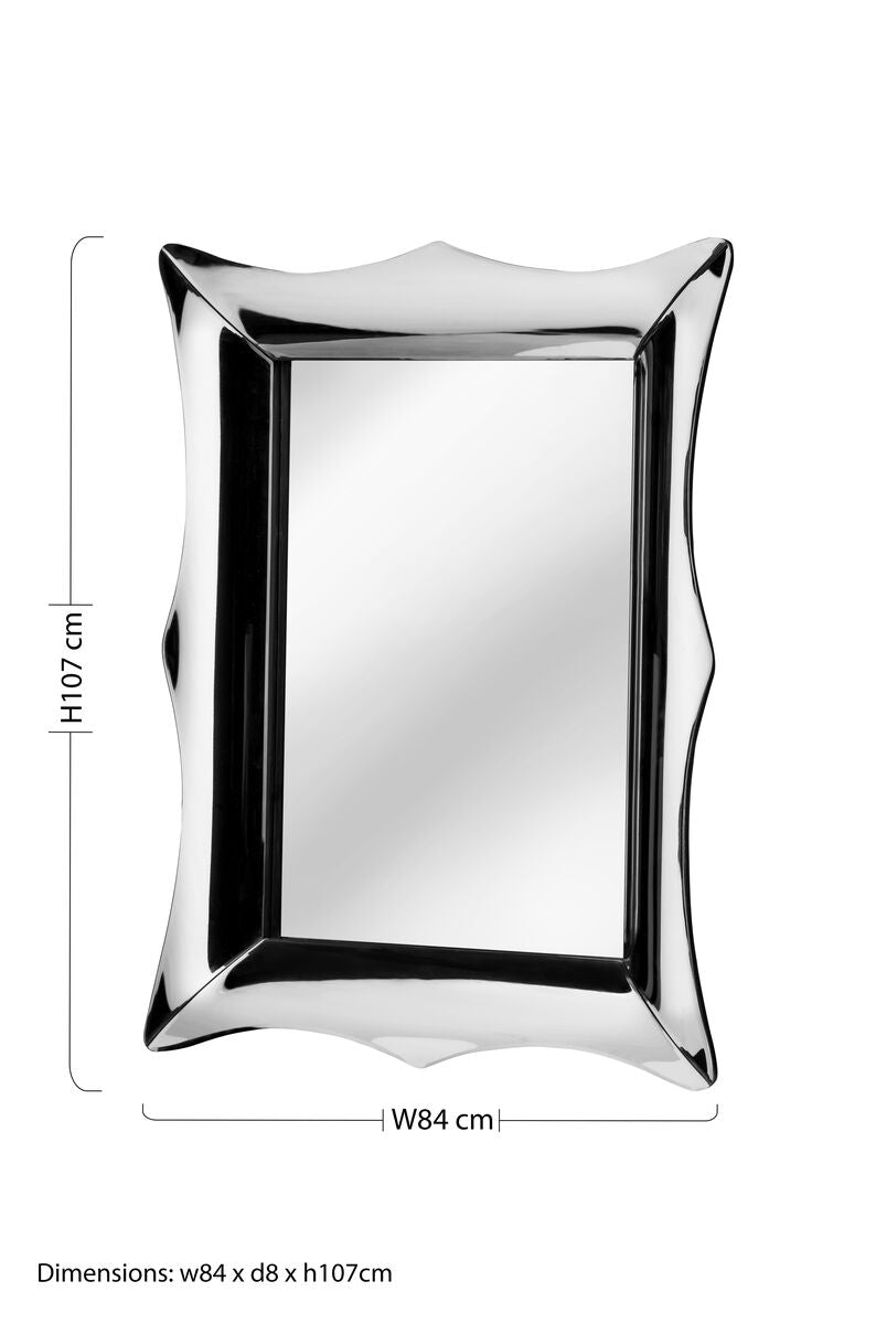 A sleek rectangular wall mirror with a polished chrome reflective frame featuring wavy sculpted edges catalina reflective frame
