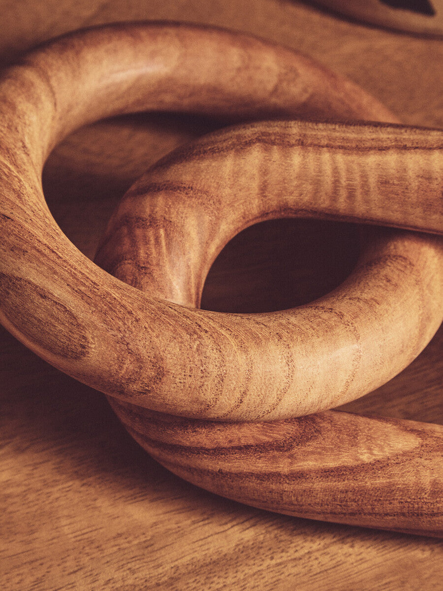 Handcrafted cato natural wood ring with smooth warm finish and visible natural wood grain in link chain decor style
