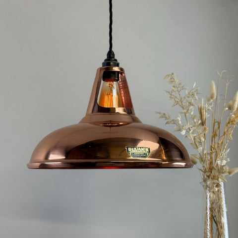 Cawston xl industrial pendant light with genuine solid copper slotted lampshade and vintage edison bulb in copper color